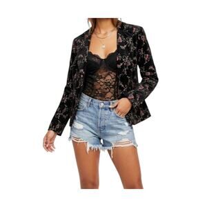 Vintage Dark Romantic Indie Embroidered Corduroy Blazer Black S Y2K Poetcore